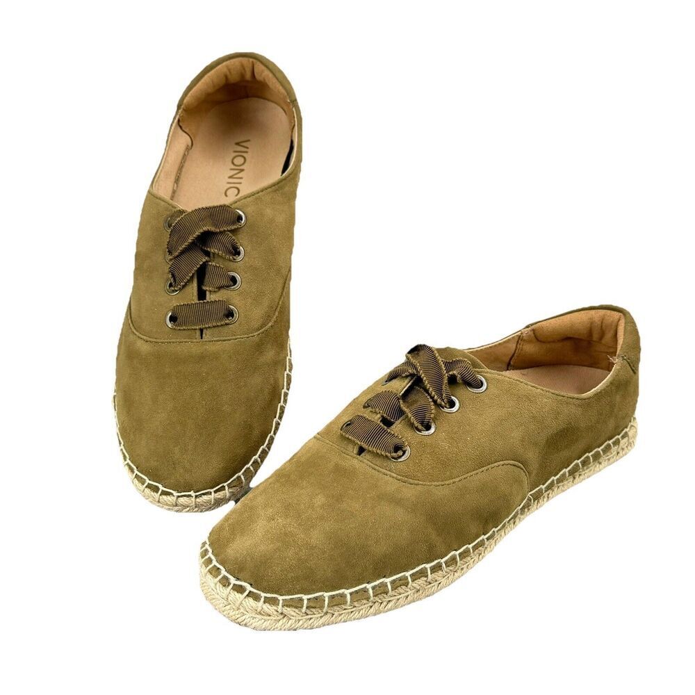 Vionic Espadrilles Flats Size 7.5 Tan Coast Sandy Suede Lace-up Ortho Heel